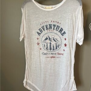 Altar’d State White Tee with Navy Mountain Graphic and Red Star Accents